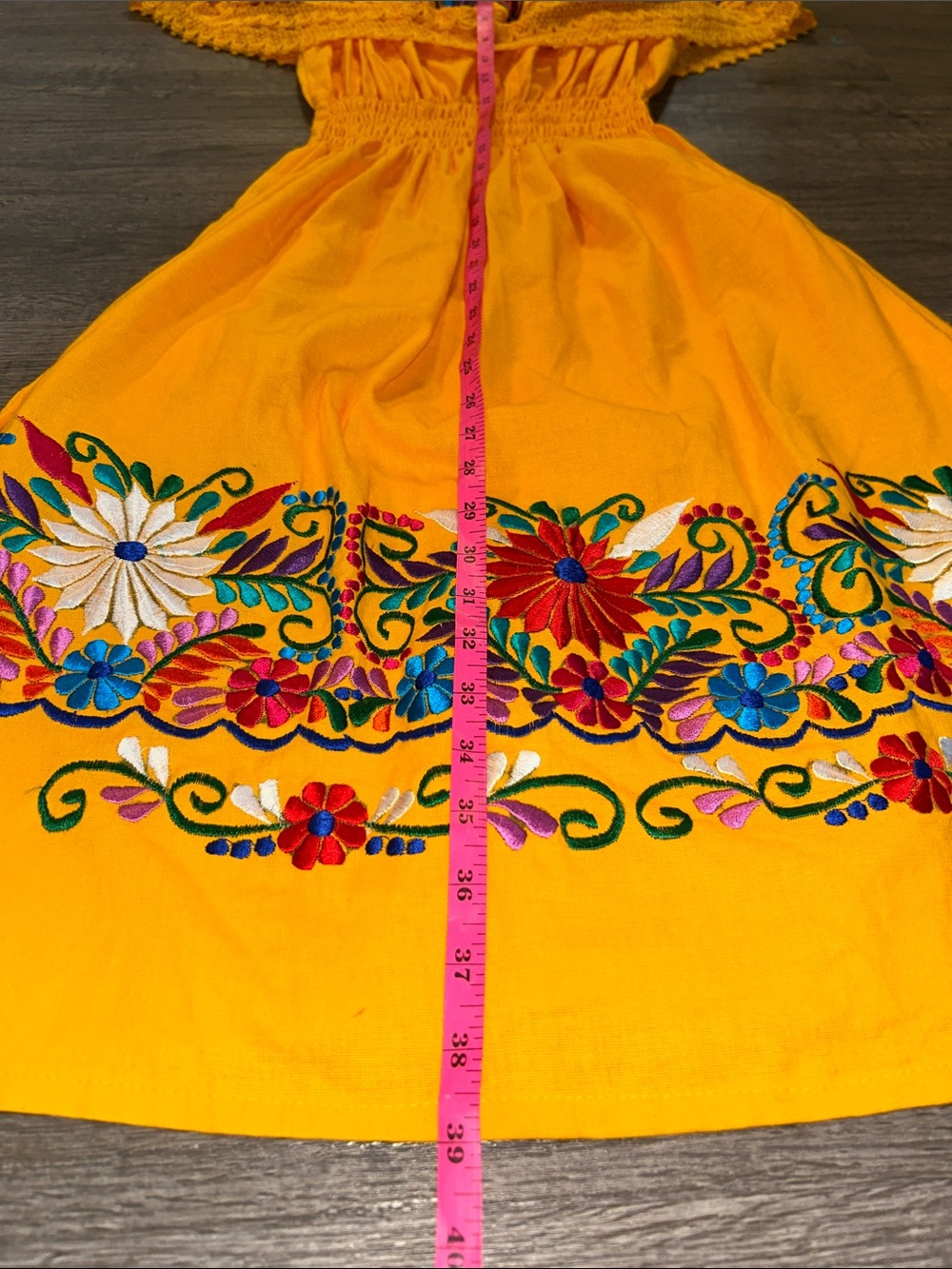 Mexican Embroidered Off Shoulder Oaxaca Peasant Dress Bright Yellow Floral M/L - Picture 8 of 8